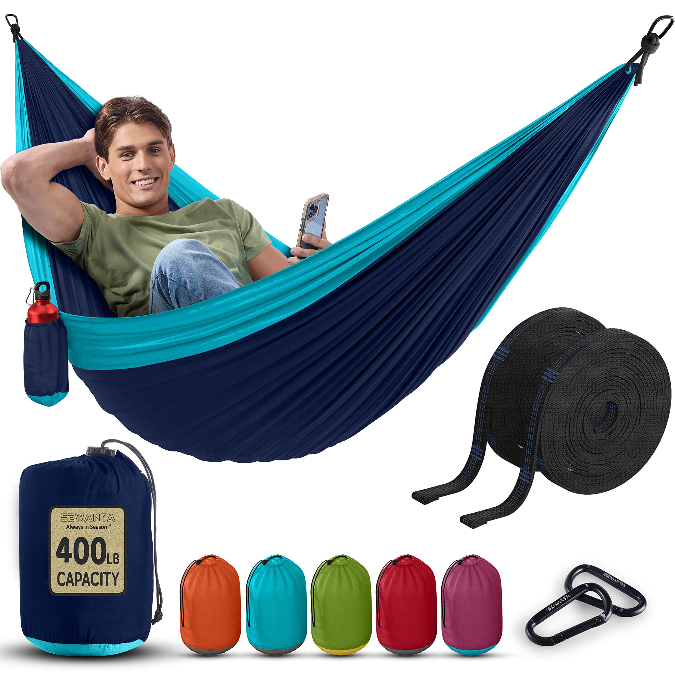 Sewanta Durable Hammock 400 lb capacity - Lightweight Nylon camping Hammock chair - Double or Single Sizes w Tree Straps and Attached ca
