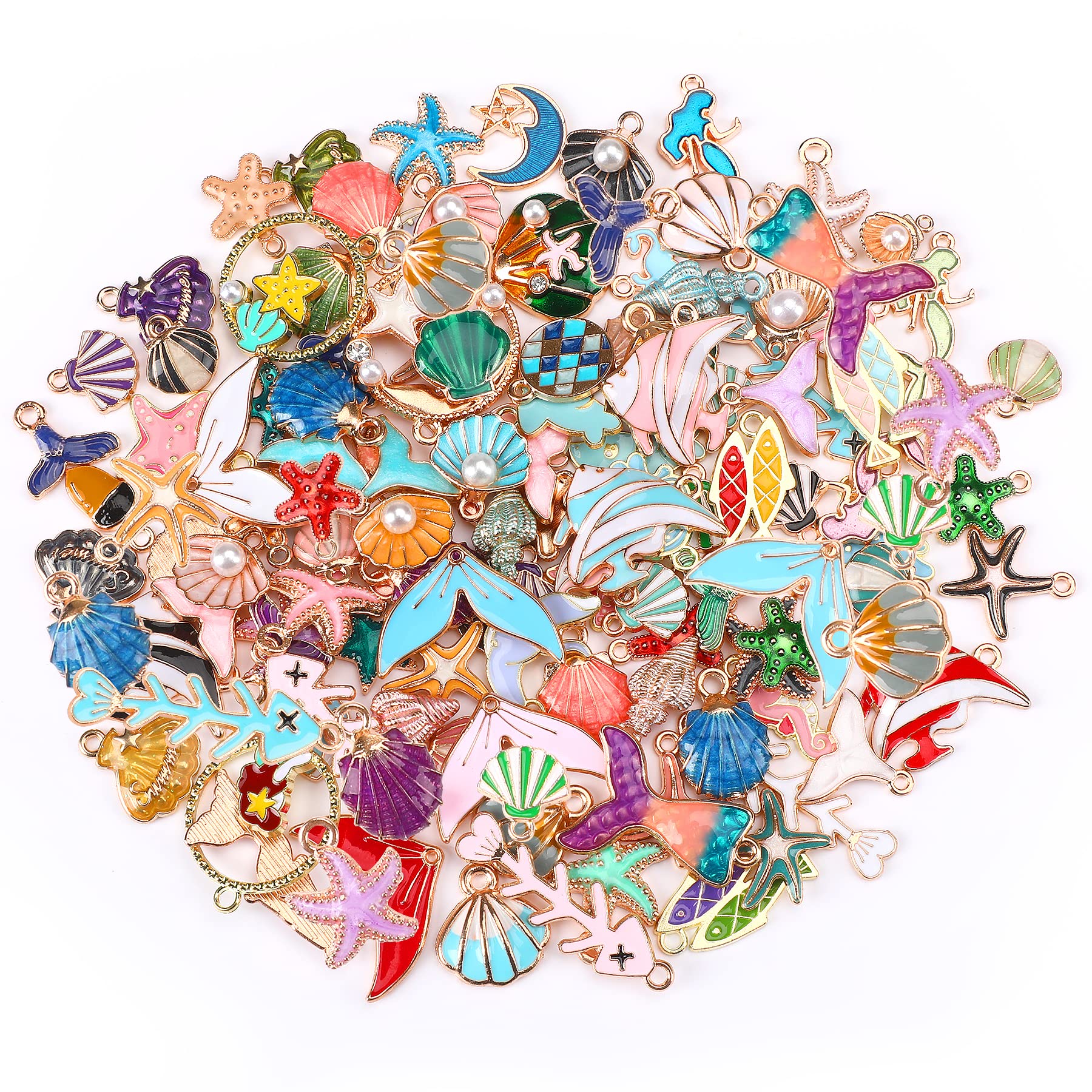 MARFOREVER 120 Pcs Summer Ocean Themed Sea Charms for Jewelry Making, Assorted Gold Enamel Starfish Seashell Marine Pendants for