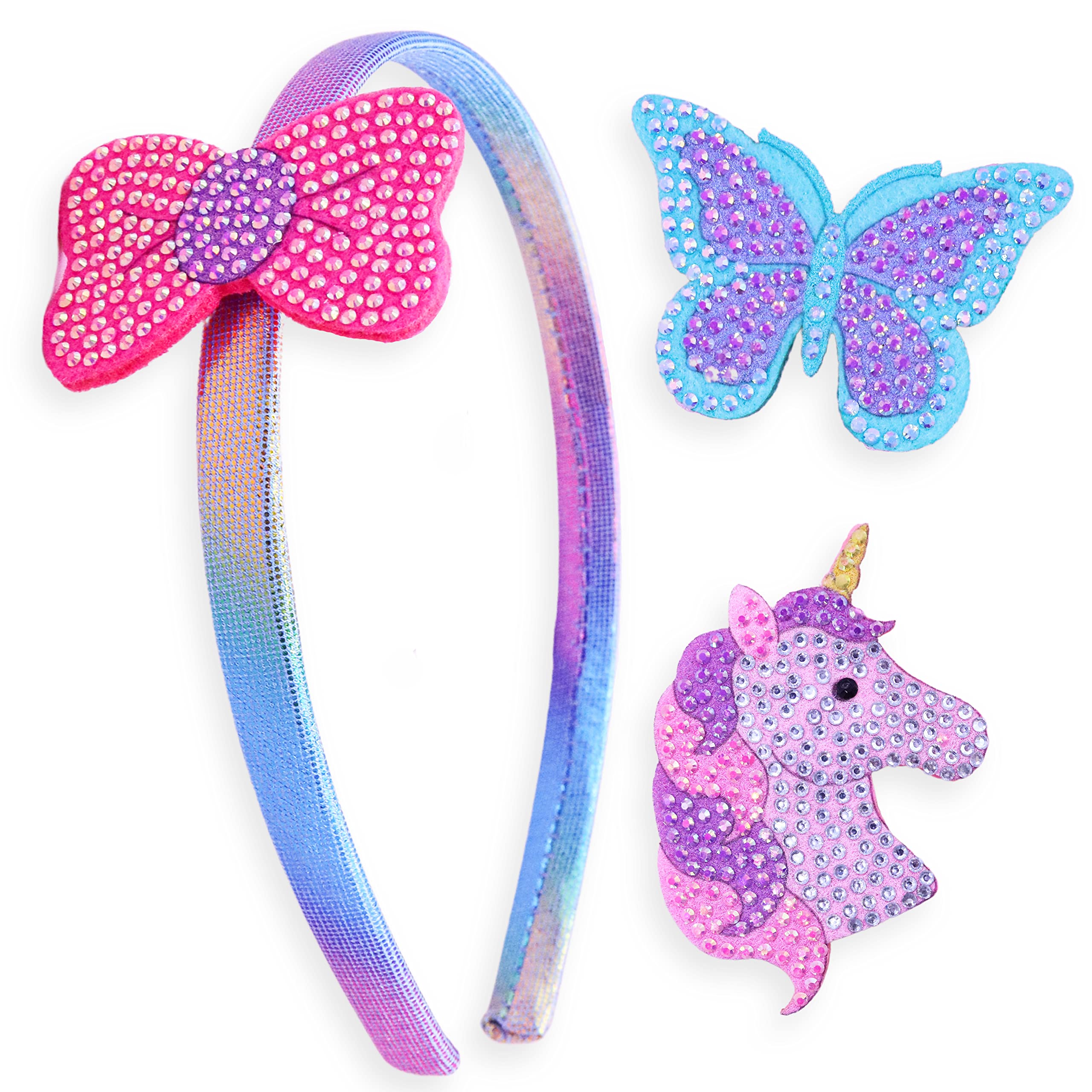 FROg SAc Interchangeable charm Headbands for girls, Butterfly Bow Unicorn Kids Headband, Sparkle Rhinestone Little girl Hair Ban
