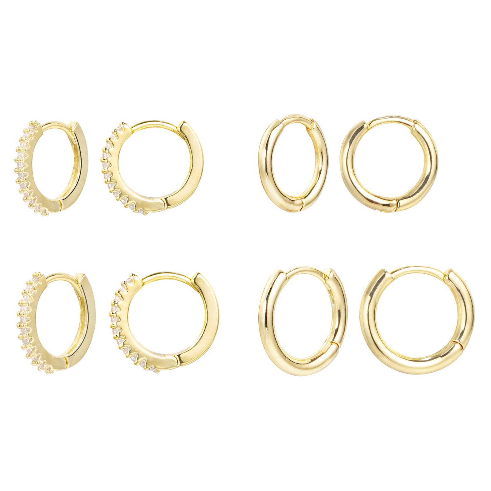 ALEXCRAFT Small Gold Huggie Hoop Earrings 4 Pairs CZ Paved Diamond 14K Gold Plated Huggie Earrings Set for Women Girls