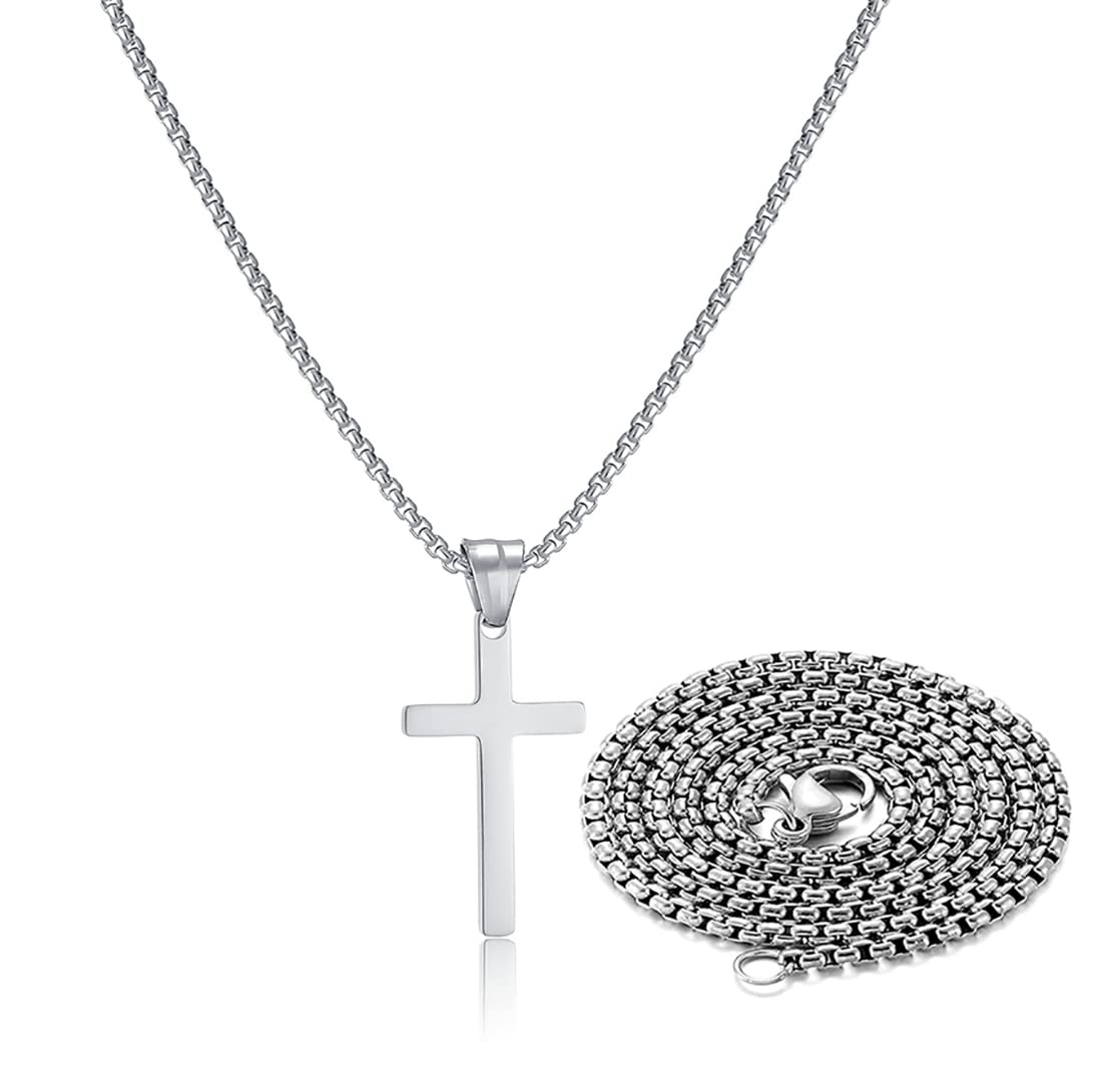 SKQIR Stainless Steel Cross Necklace for men Silver Cross
