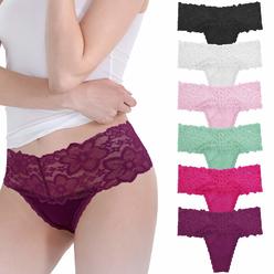 WKFIINM Pack 6 High Waisted Lace Thong for Women cotton Underwear Plus Size High Rise Retro Tummy control Thongs Panties