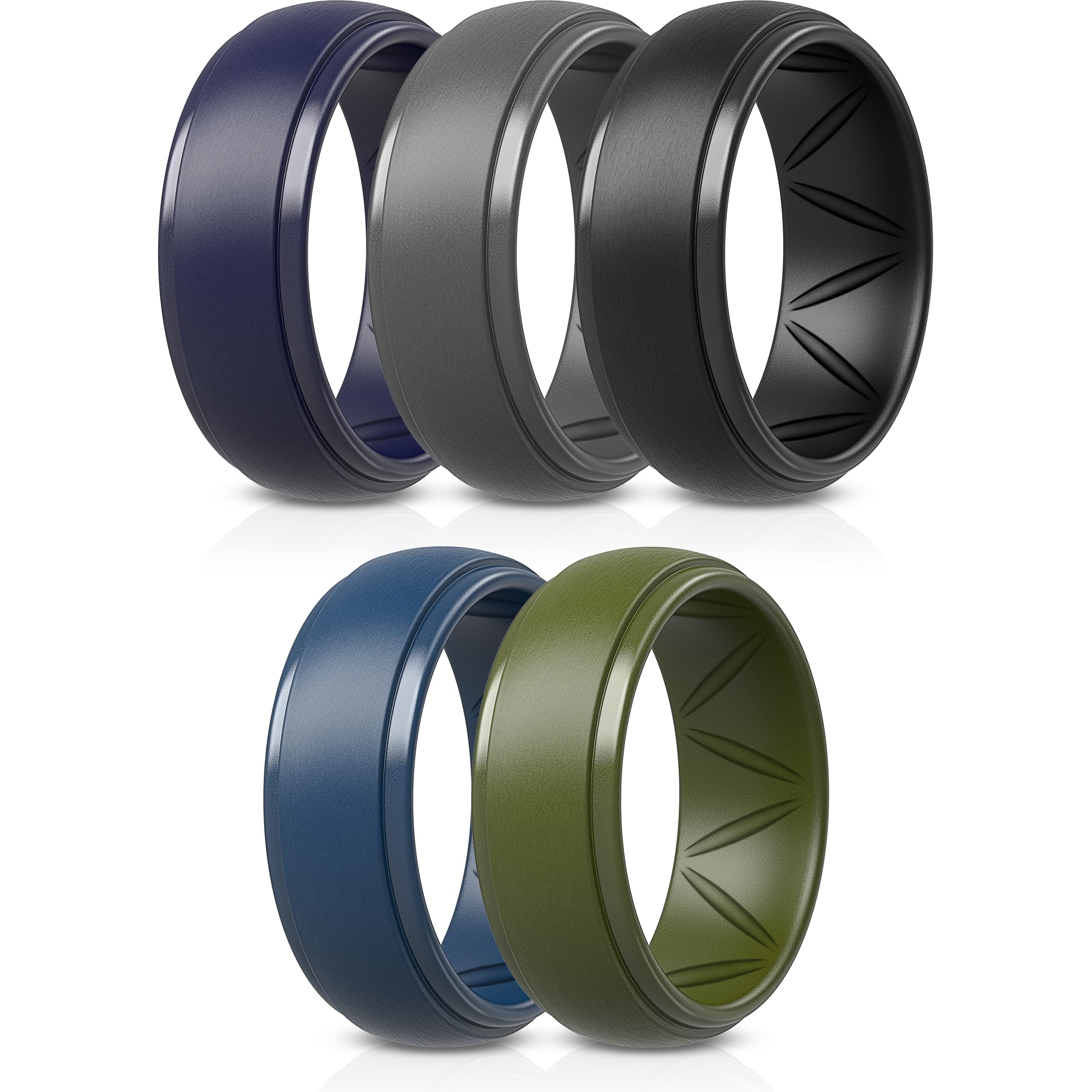 ThunderFit Silicone Rings for Men - Breatheable Airgrooves Step Edge 10mm Wide - 2.5mm Thick (Dark Blue B, Grey B, Black, Dark B