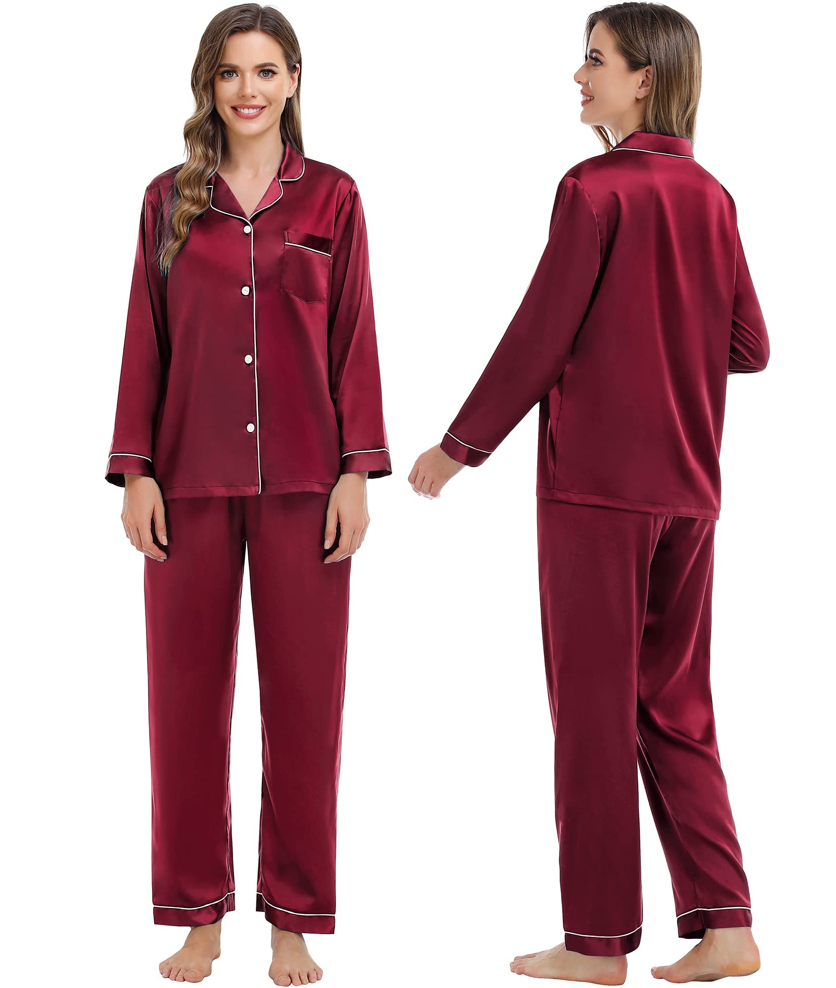 SWOMOG Women's Silk Satin Pajama Set - Long Sleeve Button-Down PJs With Elastic Waist Pants, Pink Leaves
