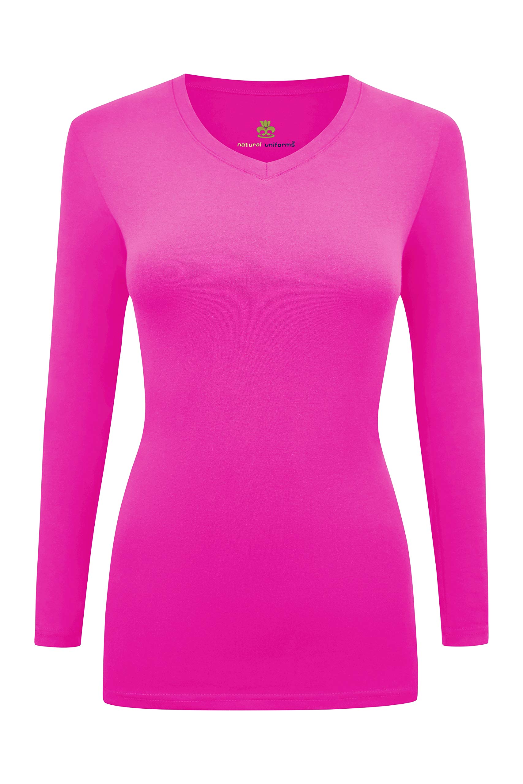 Natural Uniforms Womens Long Sleeve V-Neck T-Shirt Under Scrub (Neon Pink, Small)