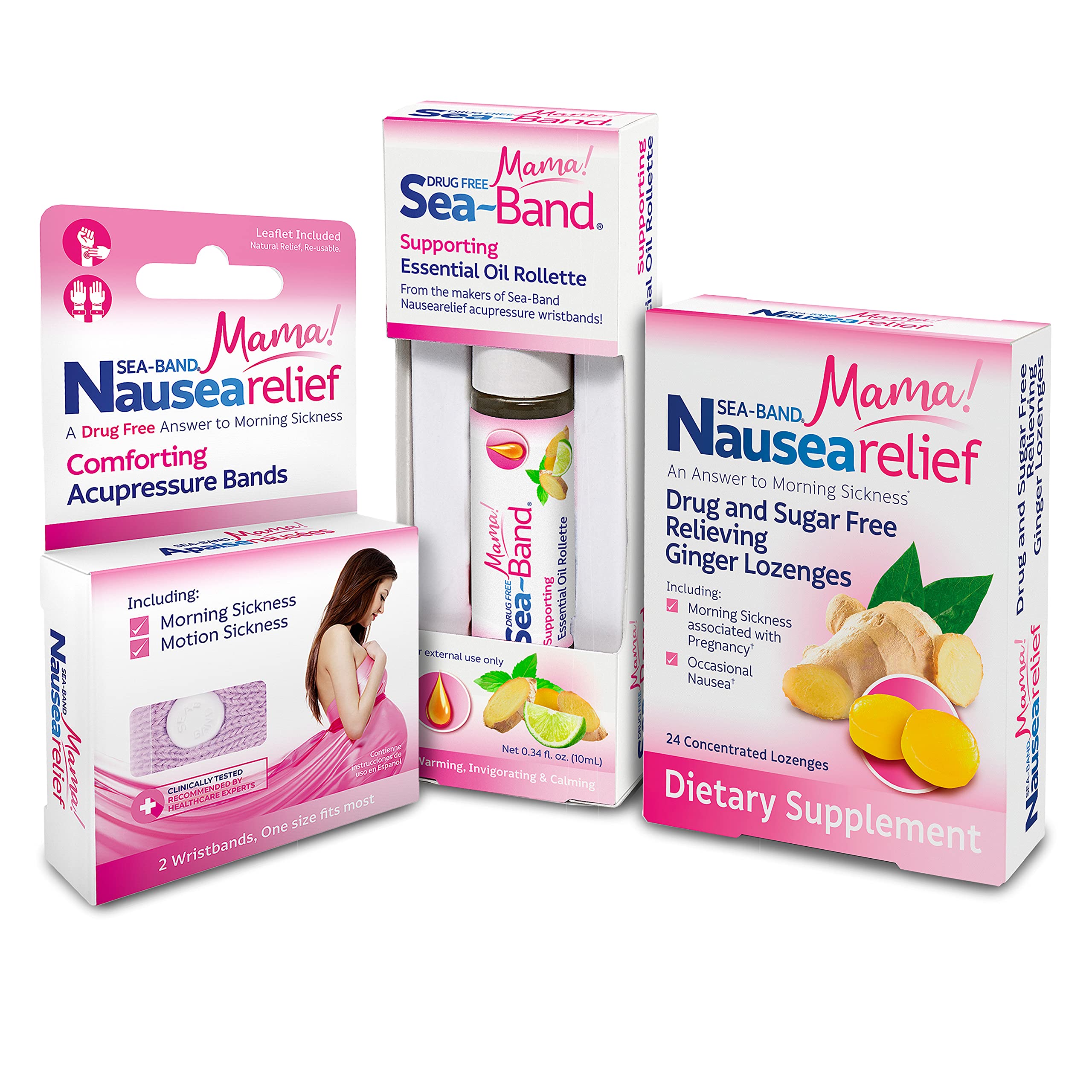 Sea-Band Mama Nausea Relief Pregnancy Kit with Anti-Nausea Acupressure Bands, ginger Lozenges  Essential Oil Rollette
