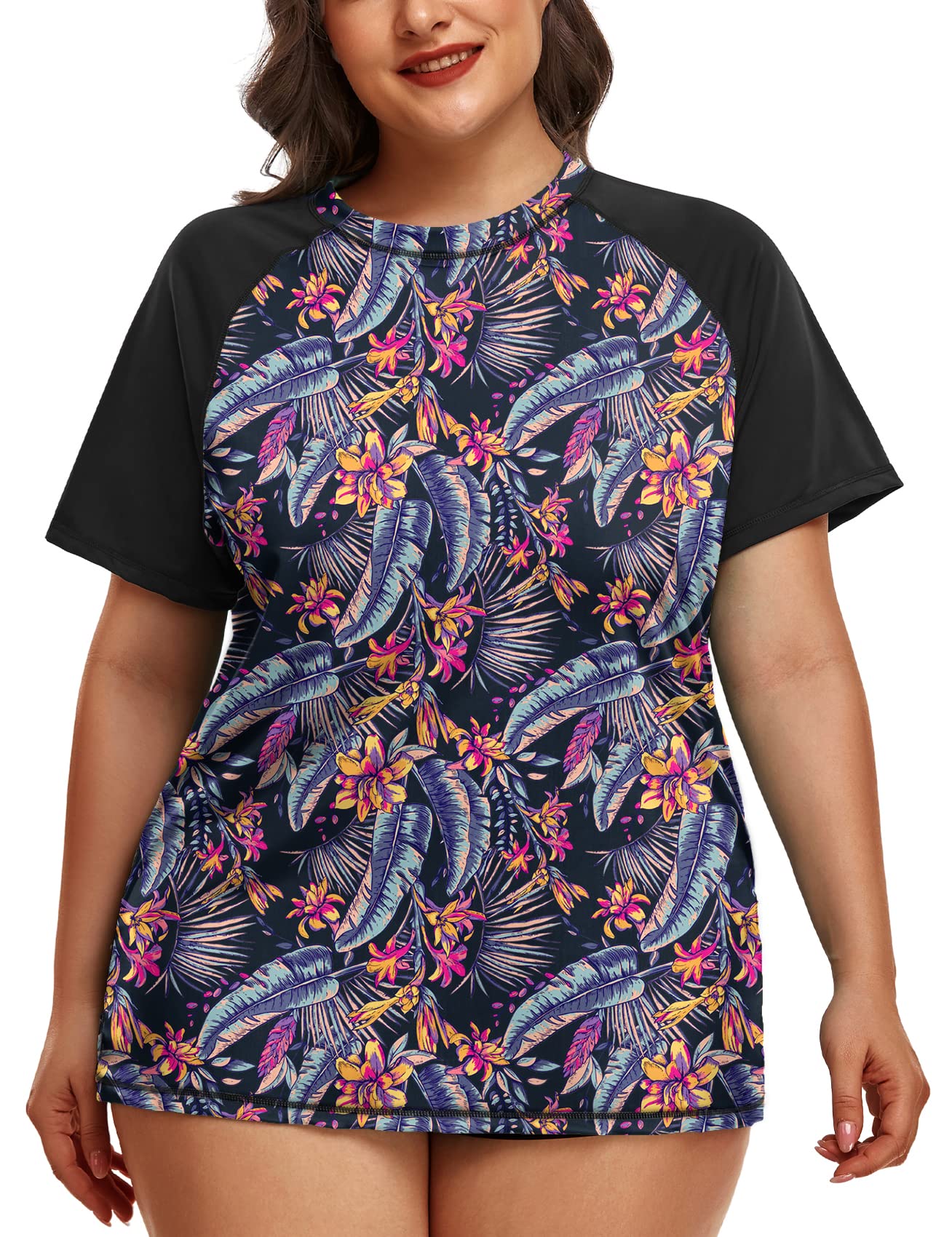 Inno Womens Plus Size Rash guard Shirt Short Sleeve UPF 50 Swimwear Workout  Top, Floral 7, 1X