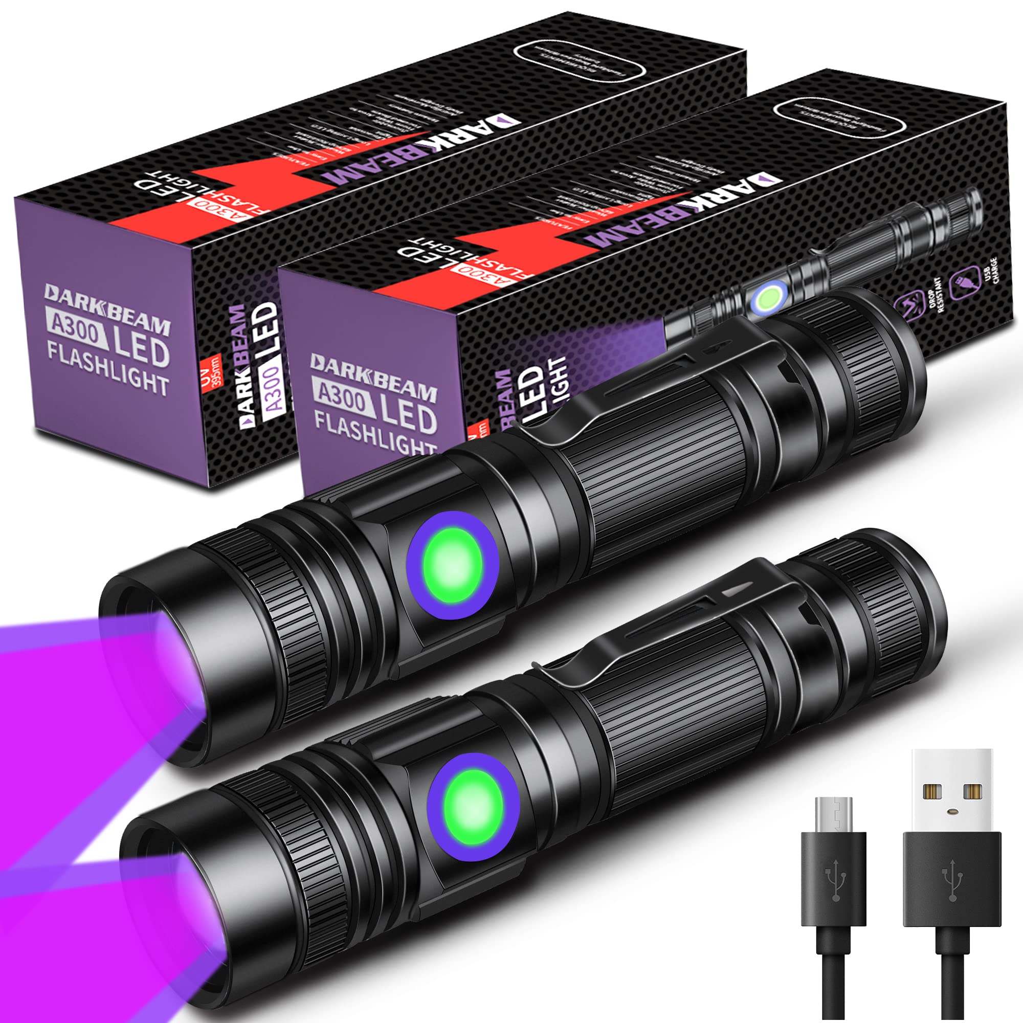 DARKBEAM UV Flashlight 395nm Blacklight Rechargeable USB, Wood's lamp Ultraviolet Black Light Handheld LED Portable with Clip, R