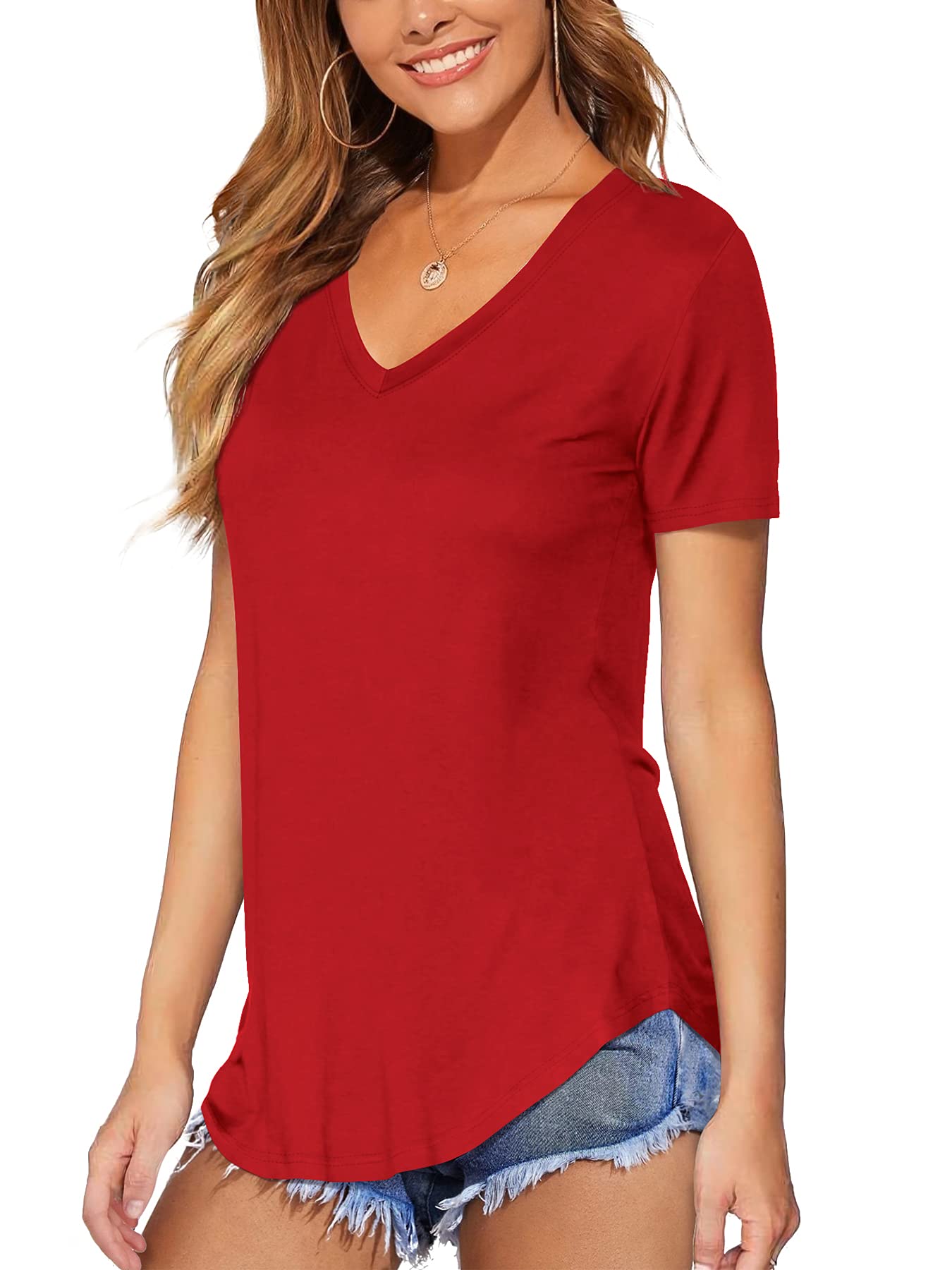 DittyandVibe Women Short Sleeve V Neck curved Hem Tunic Tops T Shirts (Red,S)