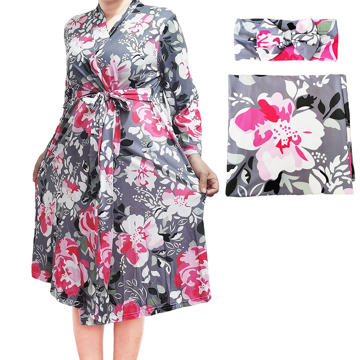 SUFEINI Maternity Robes and Matching Swaddle Blanket Set, Women Mommy Postpartum Robe Hospital Labor and Delivery gown