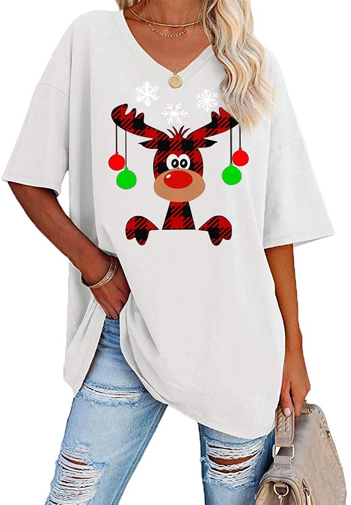 Ebifin Womens christmas Buffalo Plaid Reindeer Print Oversized T Shirts V Neck Tees Half Sleeve Merry christmas Tunic