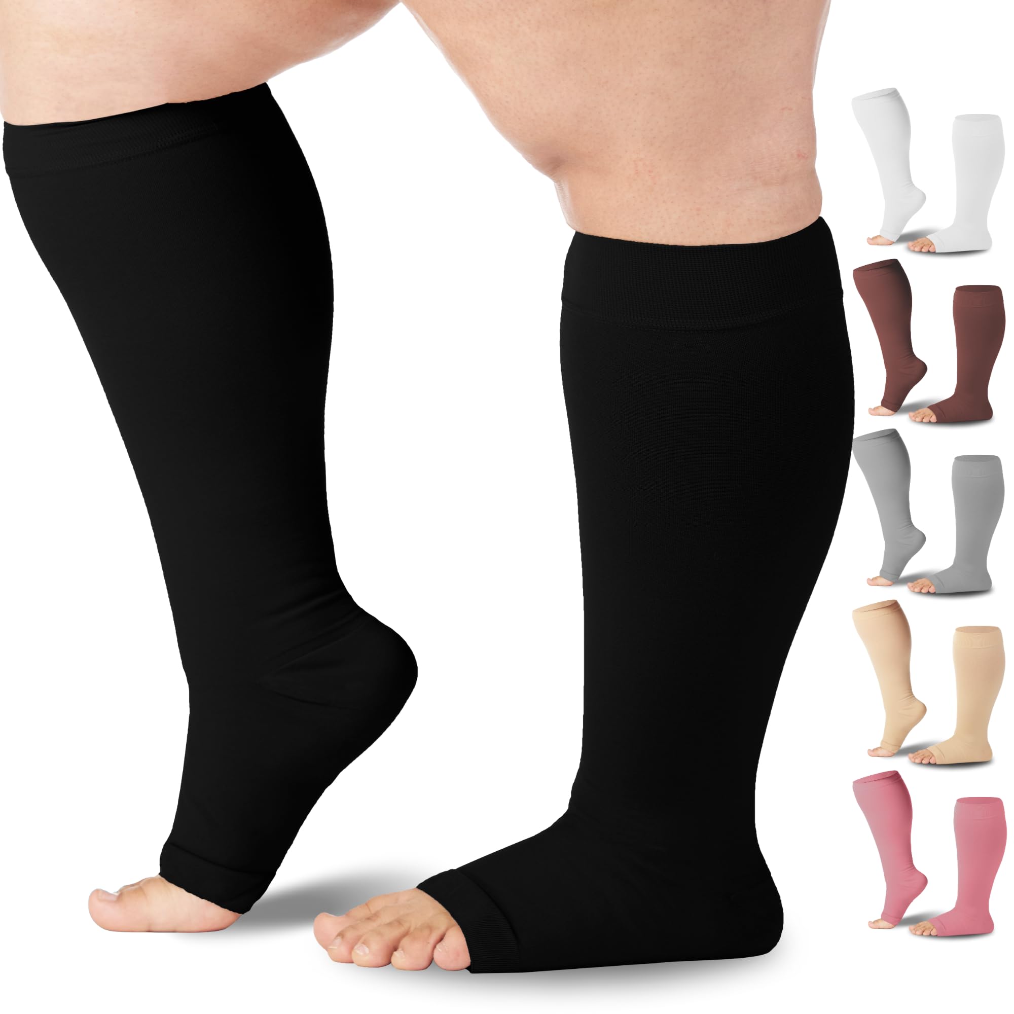 Mojo Compression Socks 7XL Bariatric Extra Wide Calf Plus Size Ankle Support Hose, Open Toe 20-30mmHg, Black - Ideal for Varicos