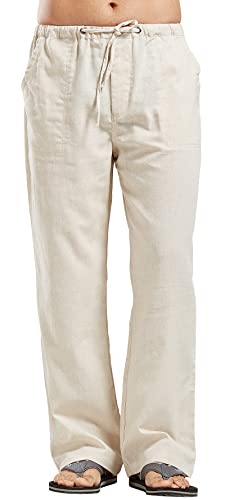 utcoco Qiuse Mens casual Loose Fit Straight-Legs Stretchy Waist Beach Pants (Large, Beige)