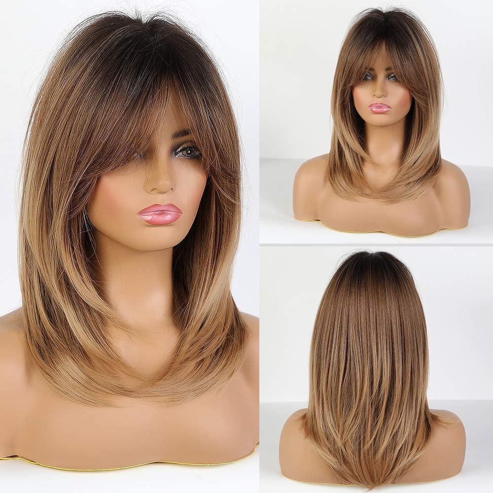 Alanhair Ombre Brown Wigs for Women,HAIRCUBE Shoulder-Length Layered Wigs with Bangs Heat Resistant Synthetic Fibre Wigs