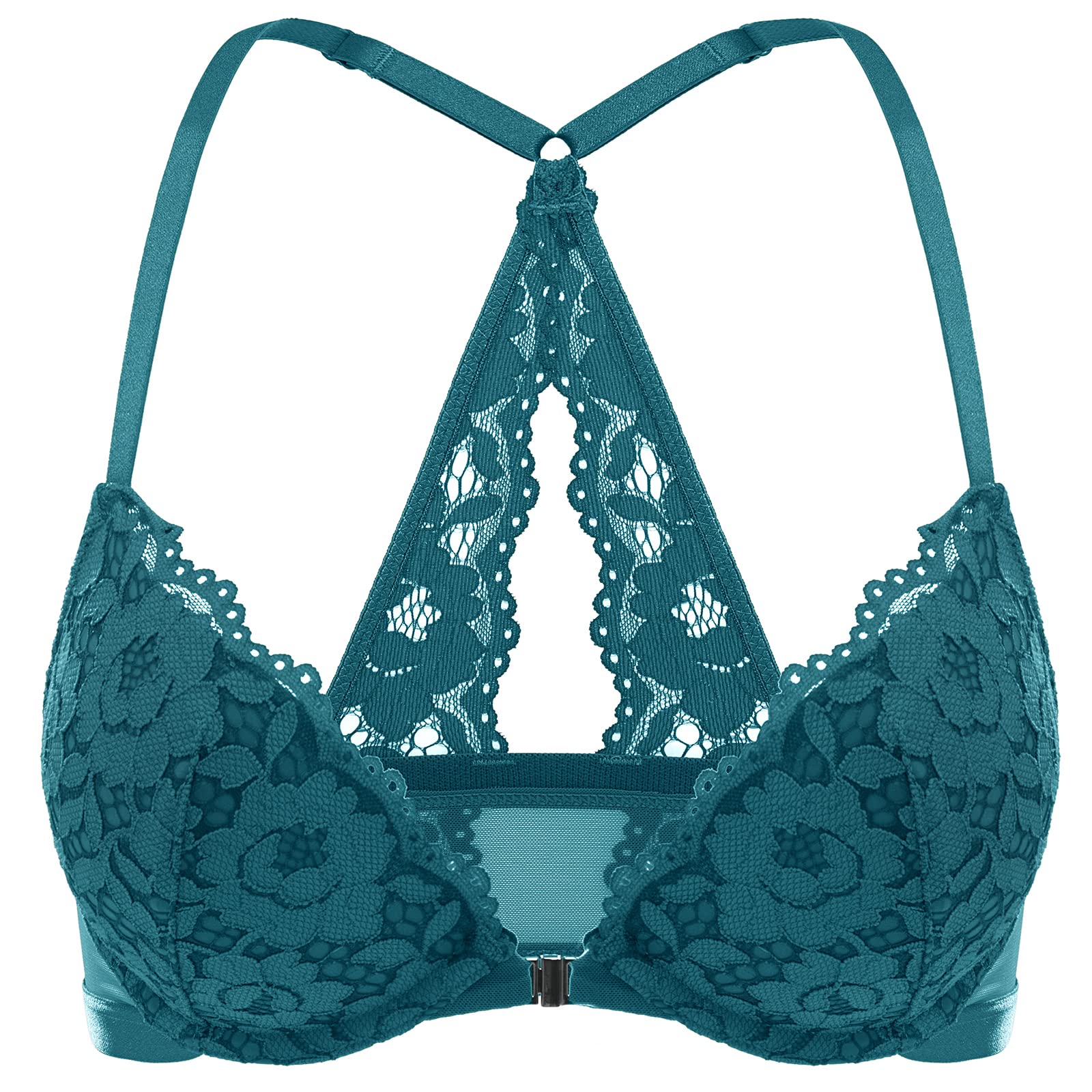 DOBREVA Womens Push Up Bra Racerback Front closure Bras Lace Padded Underwire Plunge Floral Spruce green 32c