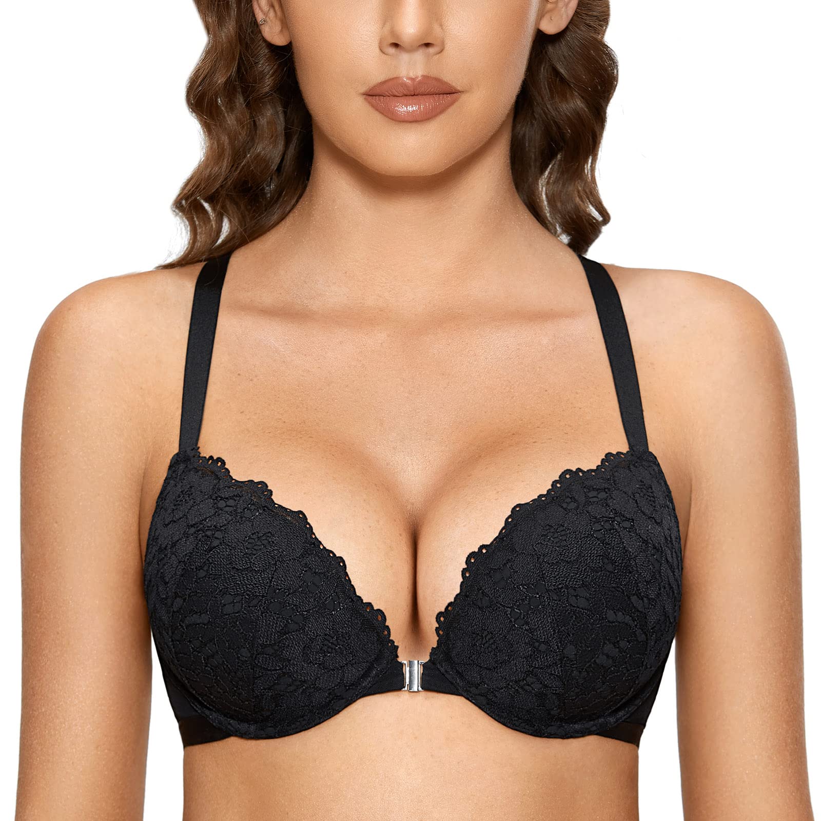 DOBREVA Womens Push Up Bra Racerback Front closure Bras Lace Padded Underwire Plunge Floral