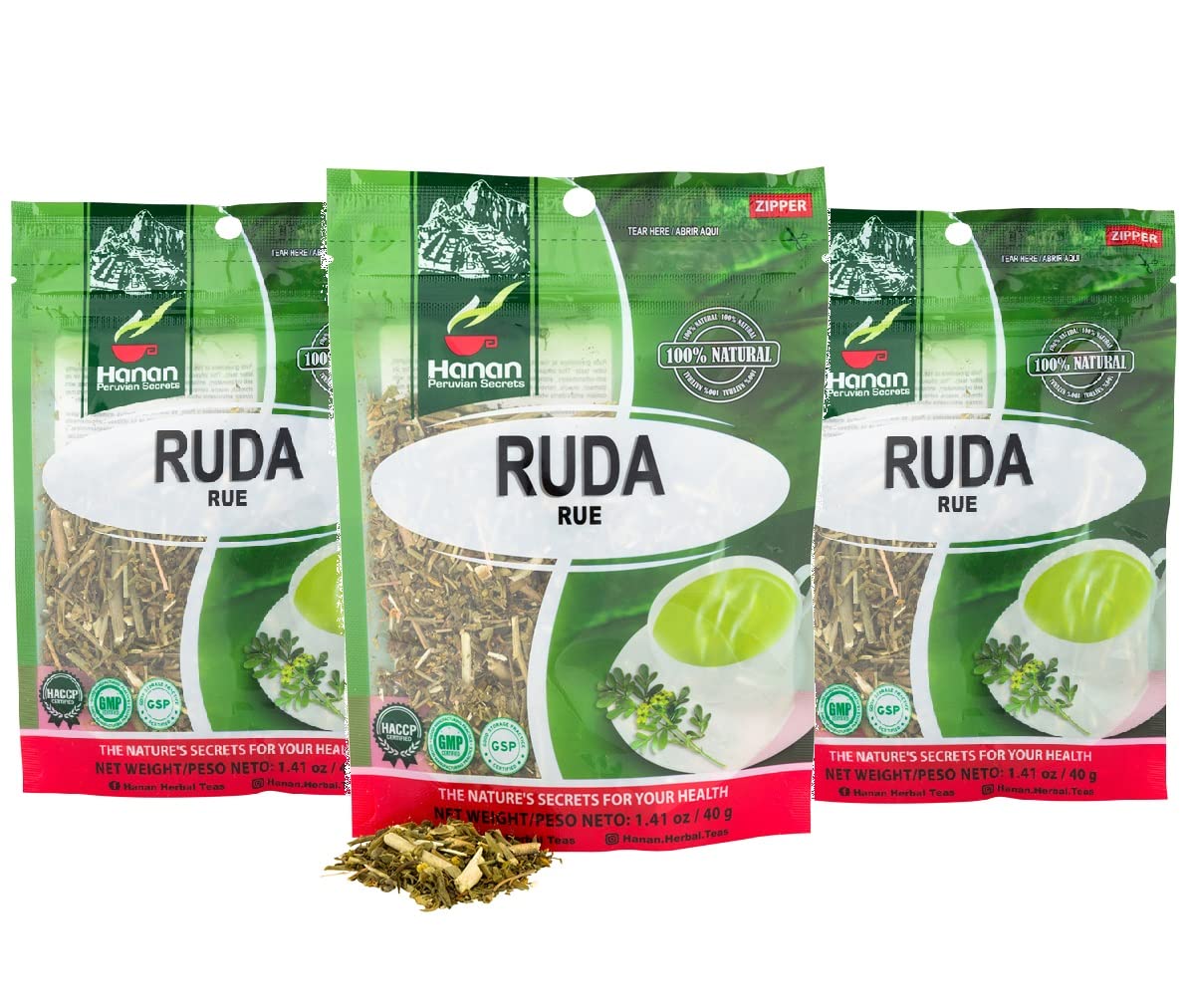 Hanan Ruda Loose Leaf Herbal Tea 42oz (120g of Rue Herb) - Pack of 3 Pouches with 40 grams Each of All-Natural Rue Herb of grace