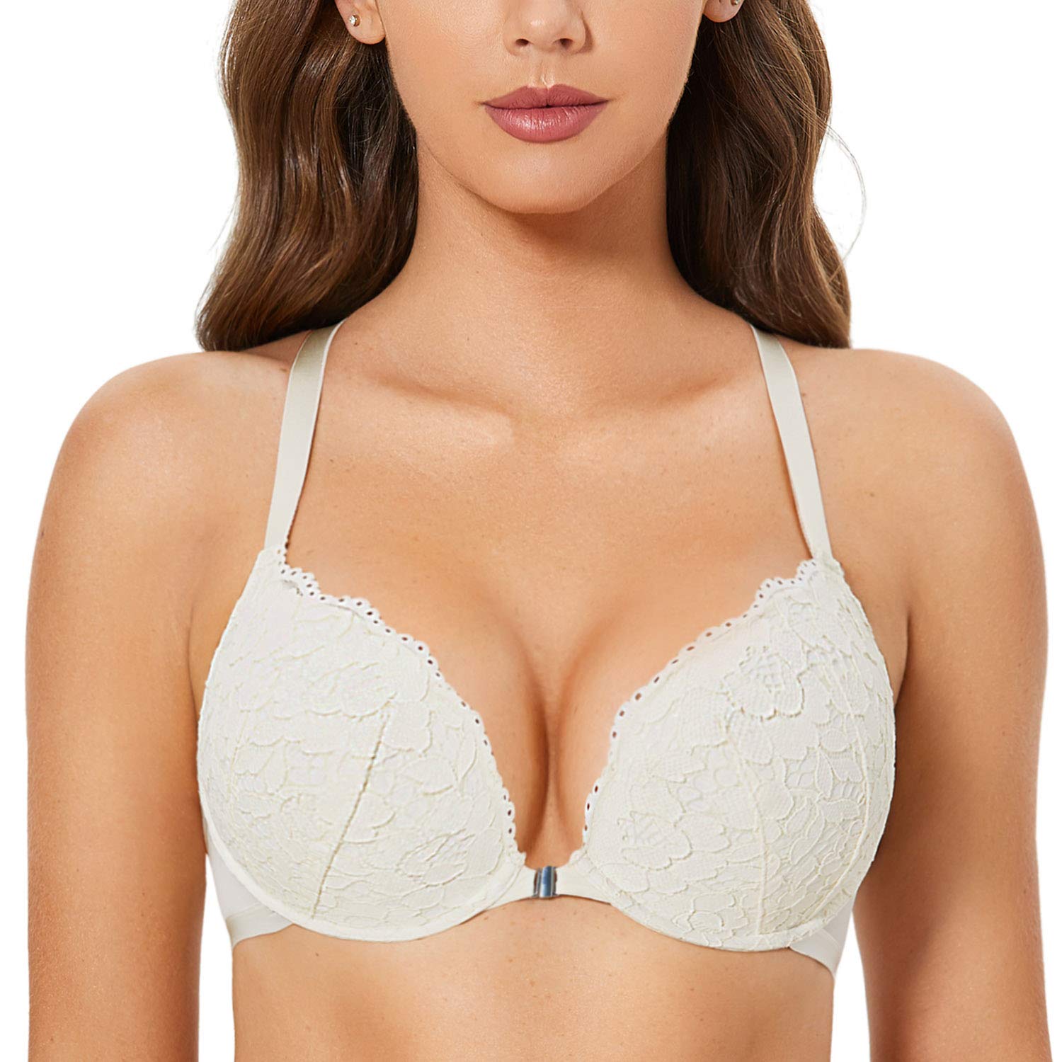 DOBREVA Womens Push Up Bra Racerback Front closure Bras Lace Padded Underwire Plunge Floral