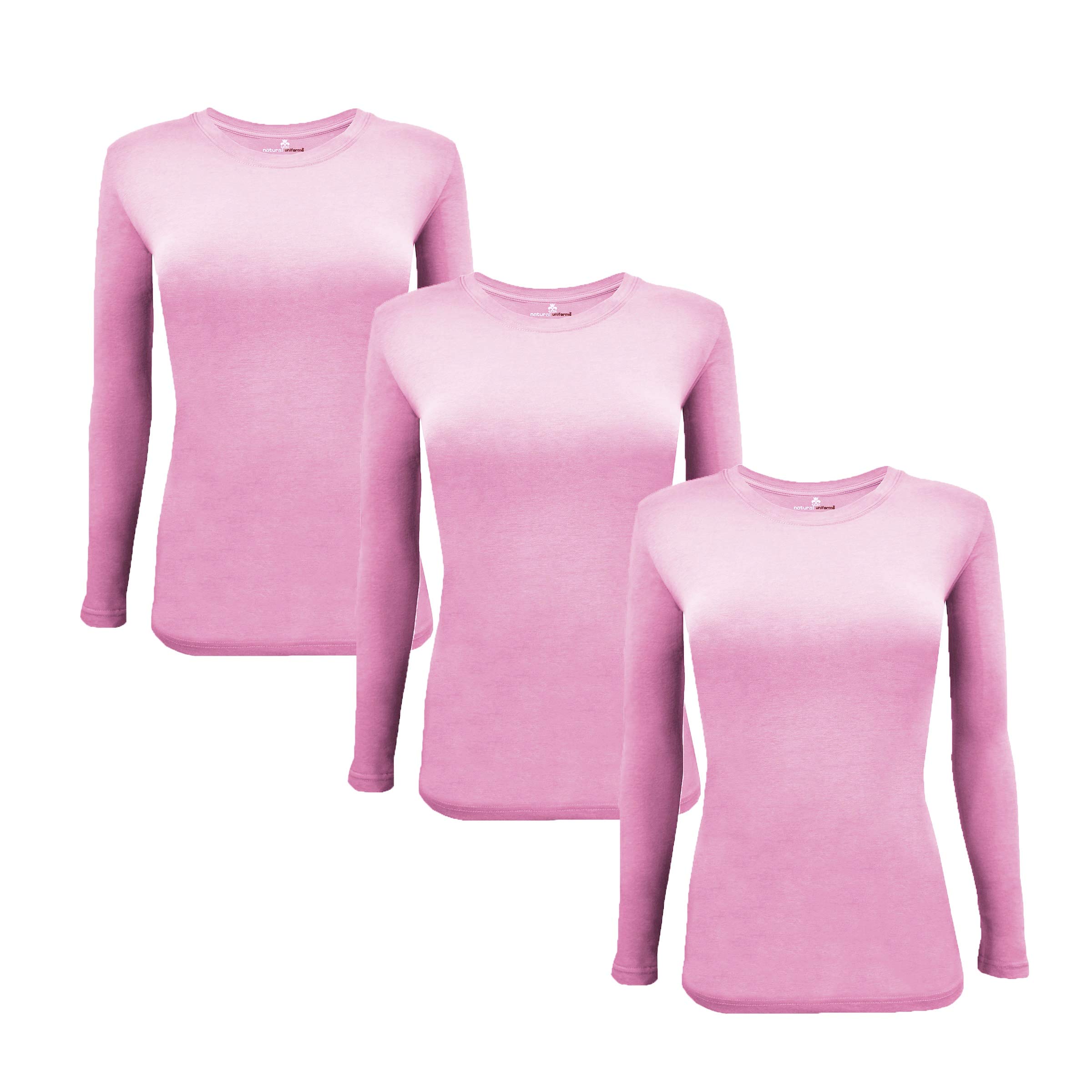 Natural Uniforms Womens Under Scrub Tee crew Neck Long Sleeve T-Shirt-3-Pack (2X-Large, 3 Pack-Pink)