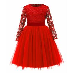 ABAO SISTER Flower girl Dress Long Sleeves Lace Top Tulle Skirt girls Lace Party Dresses (Size 8,Red)