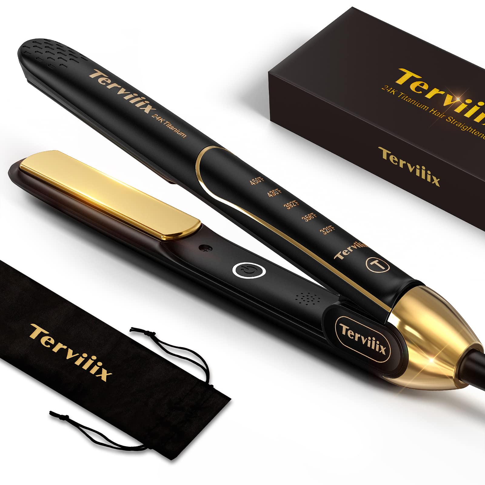 Terviiix 100 Titanium Flat Iron, 24K Salon Professional Hair Straightener and curler 2 in 1, Non-Snagging Straightening Iron for