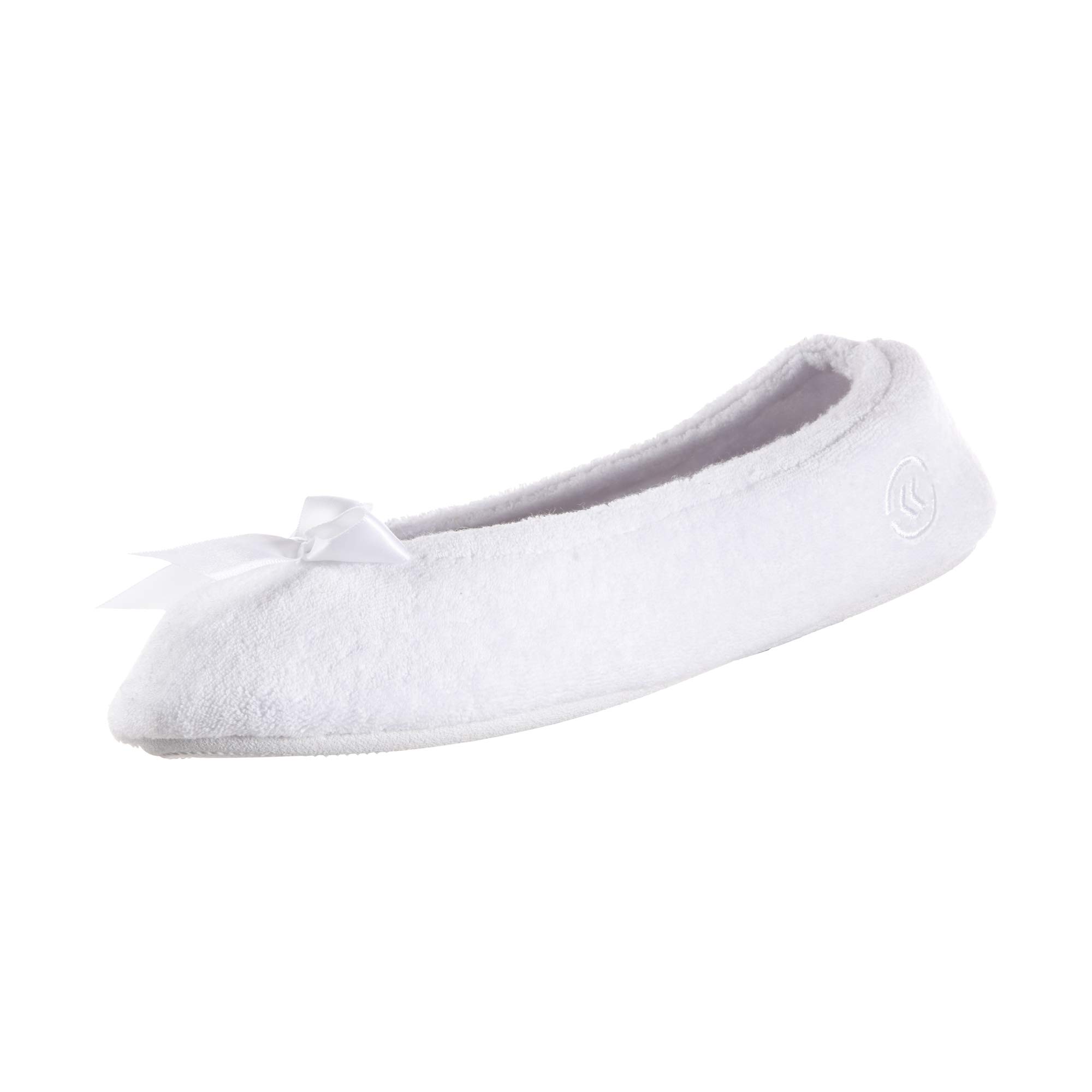 isotoner Womens Terry Ballerina Slipper with Bow for IndoorOutdoor comfort, White, 95-105