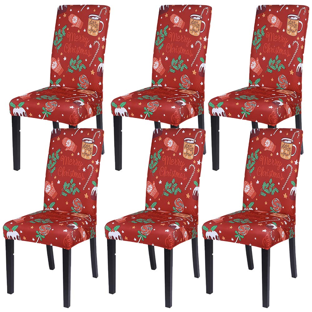 SearchI Christmas Dining Room Chair Covers Set of 6, Stretch Xmas Chair Slipcovers Protector, Spandex Washable Kitchen Parsons C