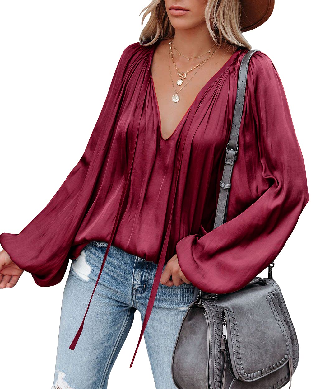 LAMISScHE Womens Sexy Deep V Neck Blouse Lantern Long Sleeve chiffon Shirt Oversized Drawstring Silk Satin Tunic(Wine Red,M)