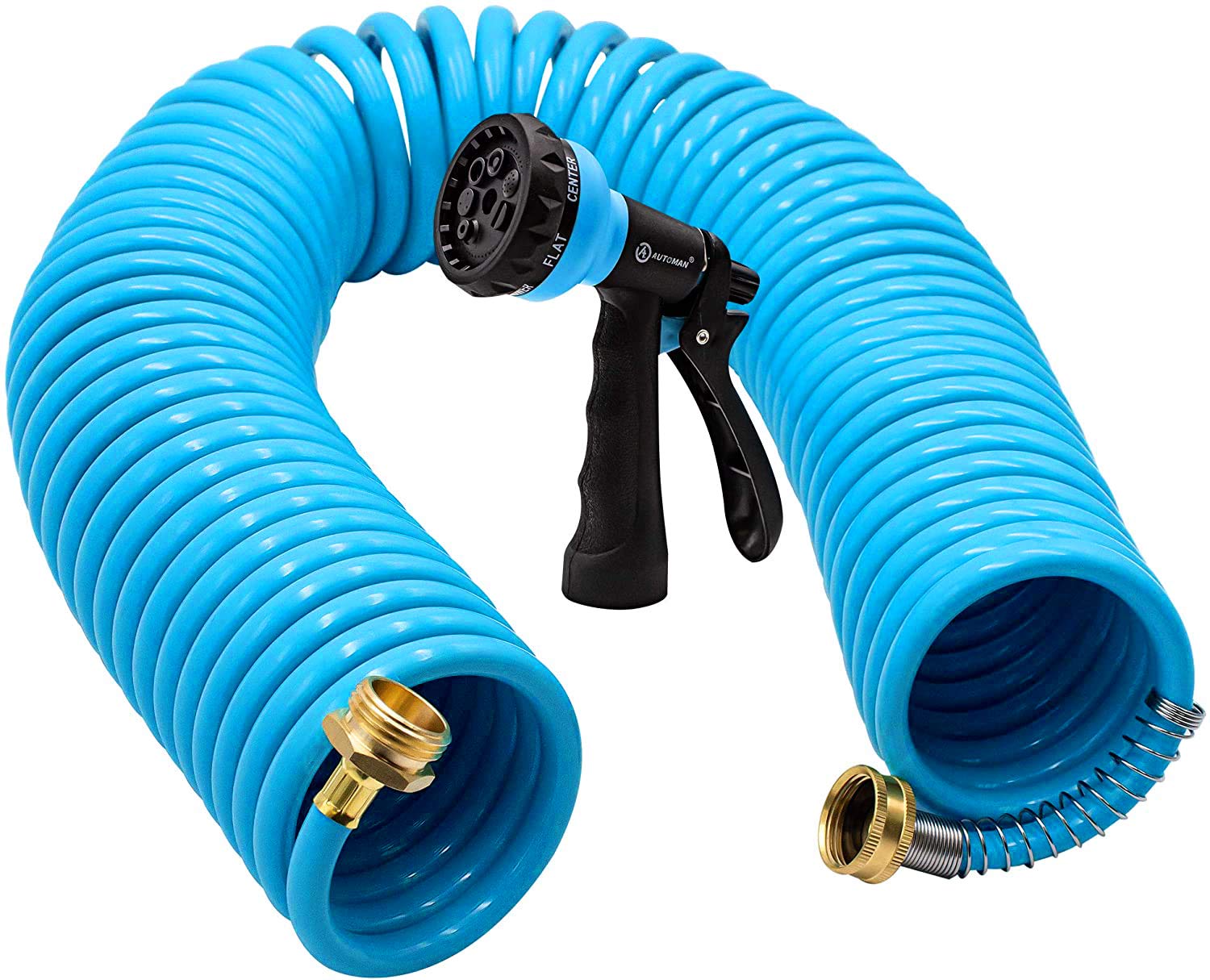 AUTOMAN-garden-Water-Hose-Recoil, 50 Feet EVA curly Water Hose with Brass connectors, Watering Hose coil, Includes 7-Pattern Fun
