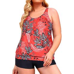 Yonique Plus Size Tankini Swimsuits for Women Blouson Tankini Tops with Swim Shorts Two Piece Bathing Suits Red Floral 12 Plus