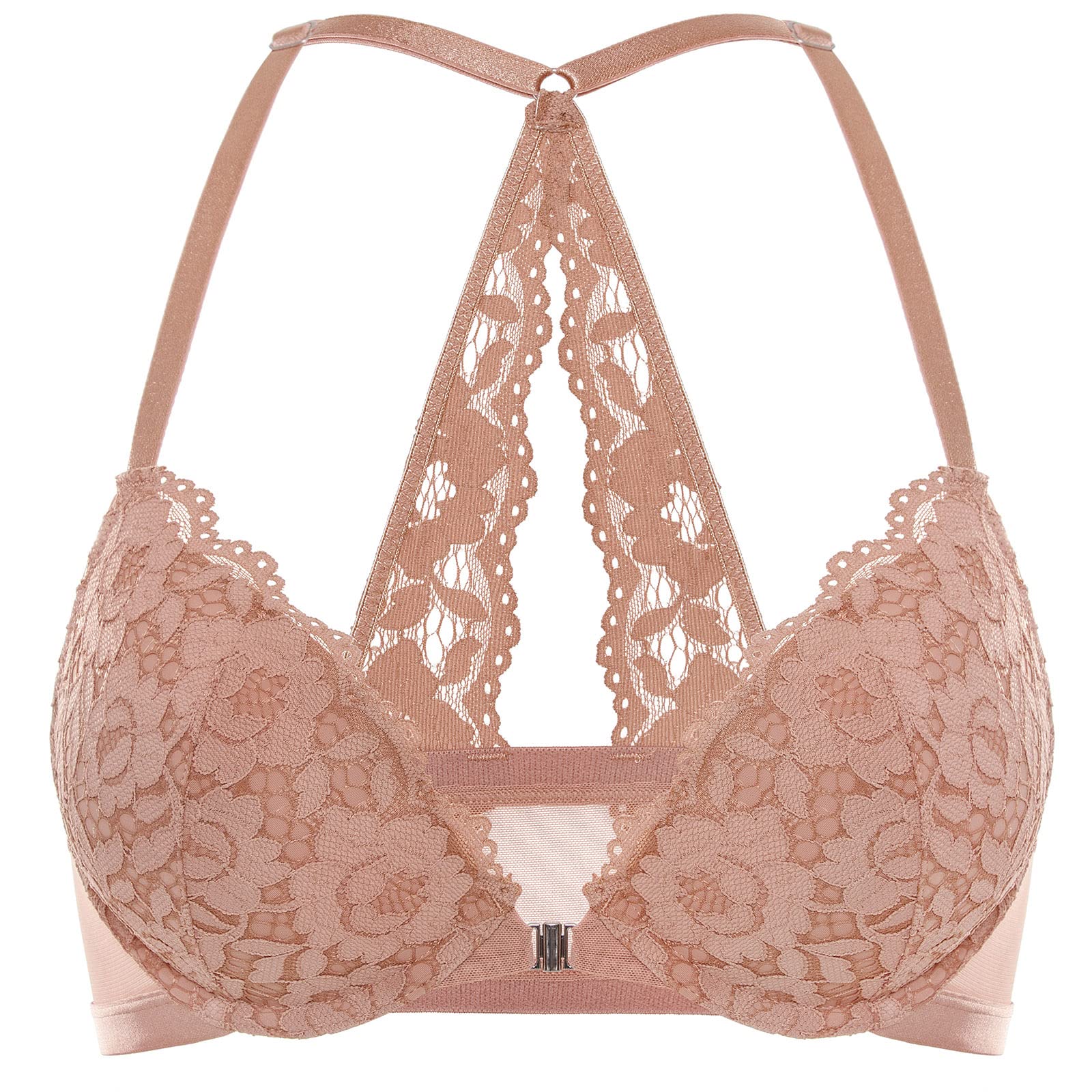DOBREVA Womens Push Up Bra Racerback Front closure Bras Lace Padded Underwire Plunge Floral