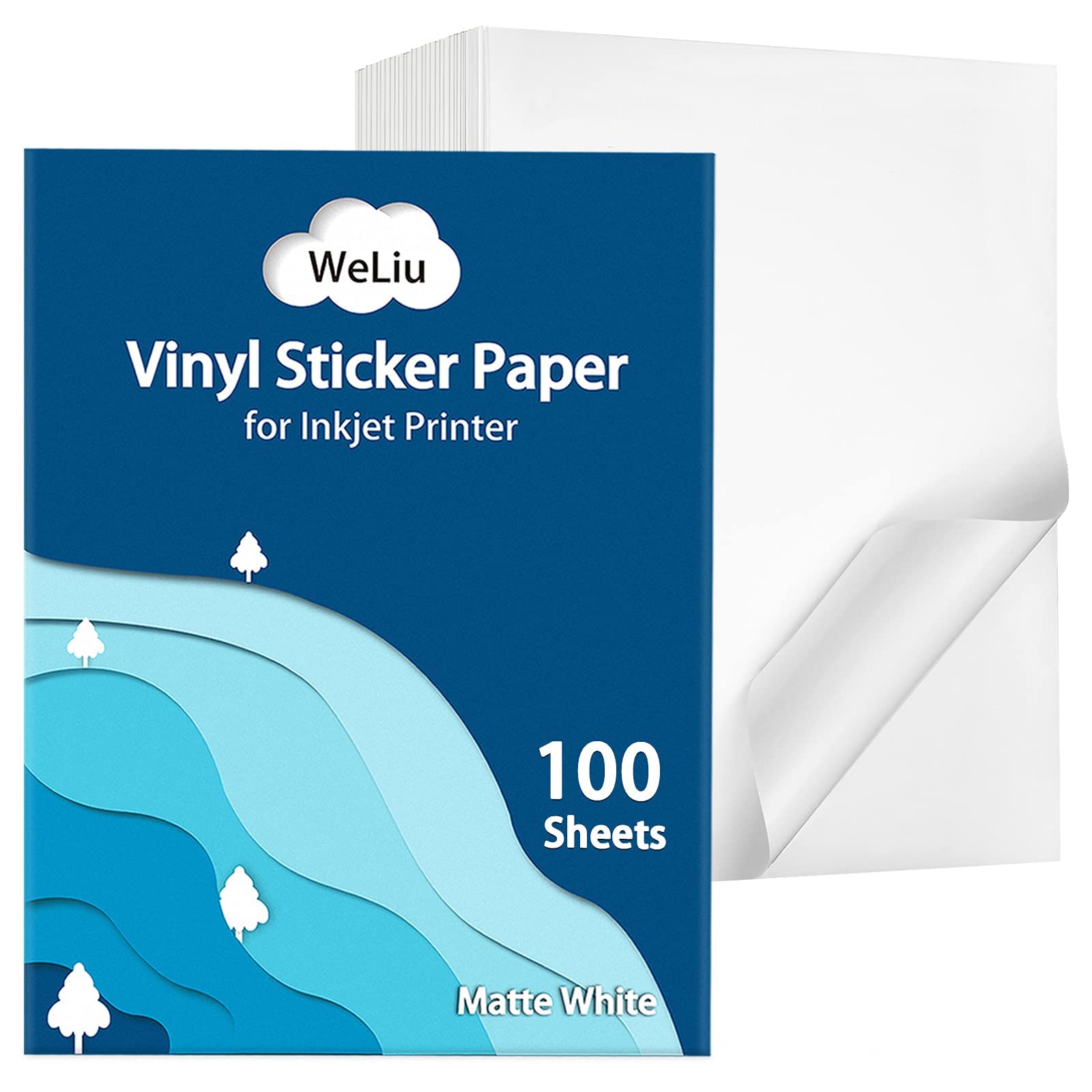 WeLiu Premium Printable Vinyl Sticker Paper for Inkjet Printer,100 Sheets Matte White Waterproof Decal Paper, Dries Quickly and 