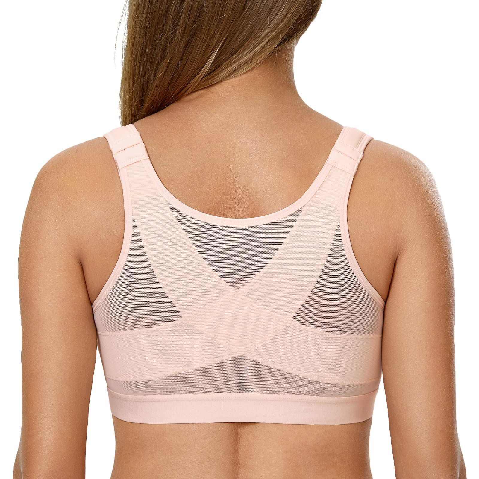 DELIMIRA Womens Front closure Posture Wireless Back Support Full coverage Bra Apricot Pink 48D