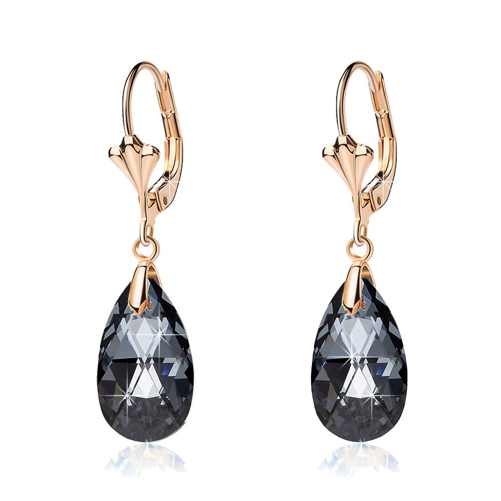EVEVIC Austrian Crystal Teardrop Leverback Dangle Earrings for Women Fashion 14K Gold Plated Hypoallergenic Jewelry (Black)