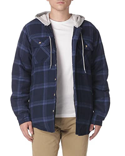 Wrangler Authentics Mens Long Sleeve Quilted Lined Flannel Shirt Jacket with Hood, Navy, X-Large