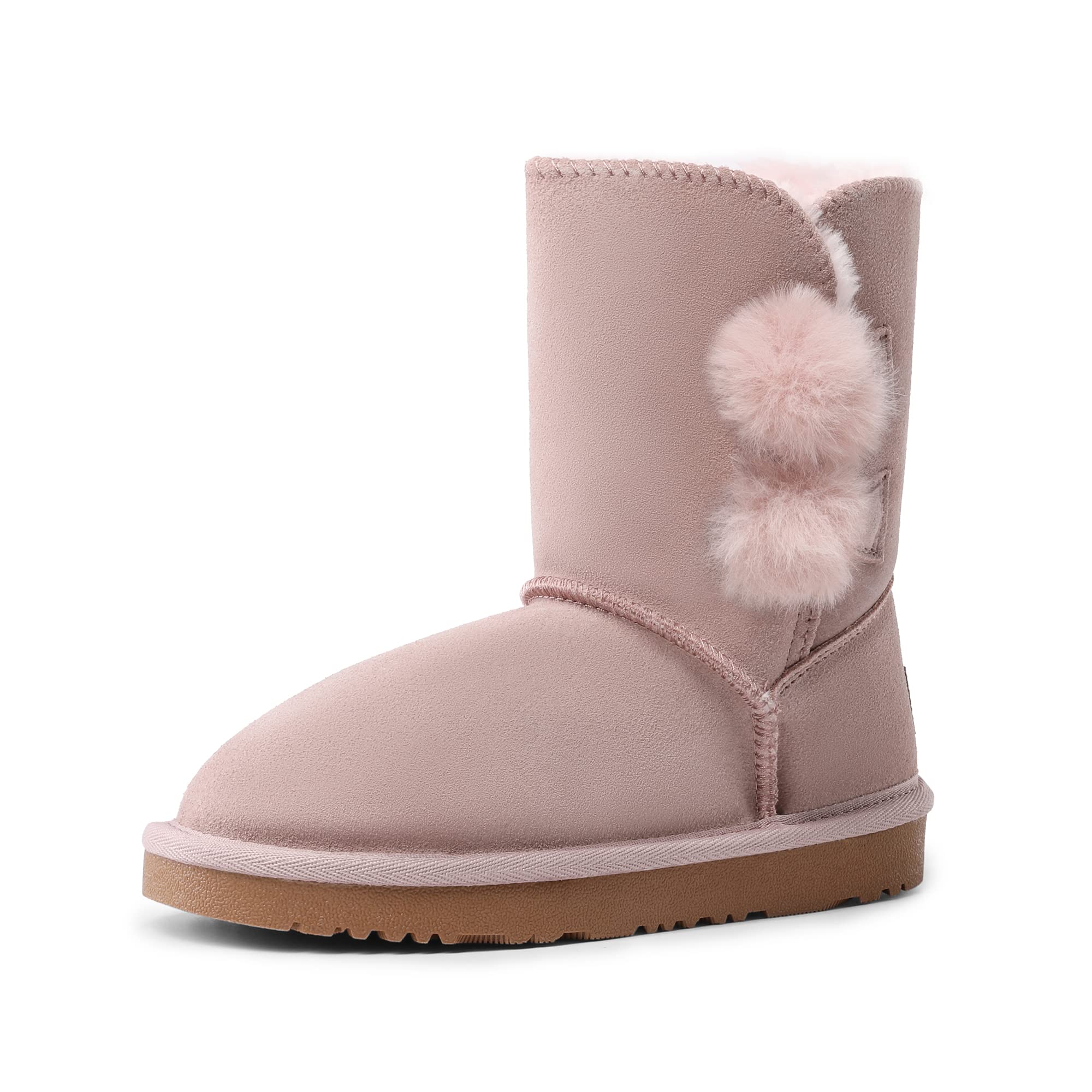 DREAM PAIRS Boys girls Shorty-Pompom Sand Sheepskin Fur Winter Snow Boots Pink Size 3 Little Kid