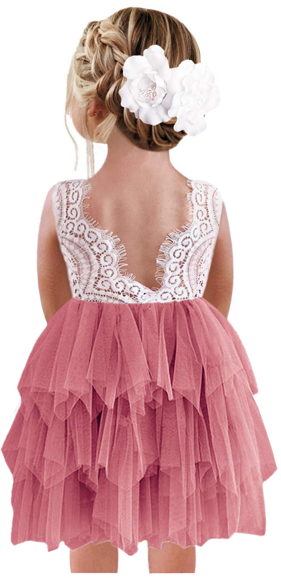 2Bunnies Girl Peony Lace Back A-Line Tiered Tutu Tulle Flower Girl Dress (Dusty Rose Sleeveless Short, 7-8YRS)