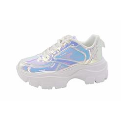 LUcKY STEP Women 90S chunky Platform Reflective Sneakers - White Hologram casual Lace-Up Walking Dad Sneakers(White Hologram,9 B
