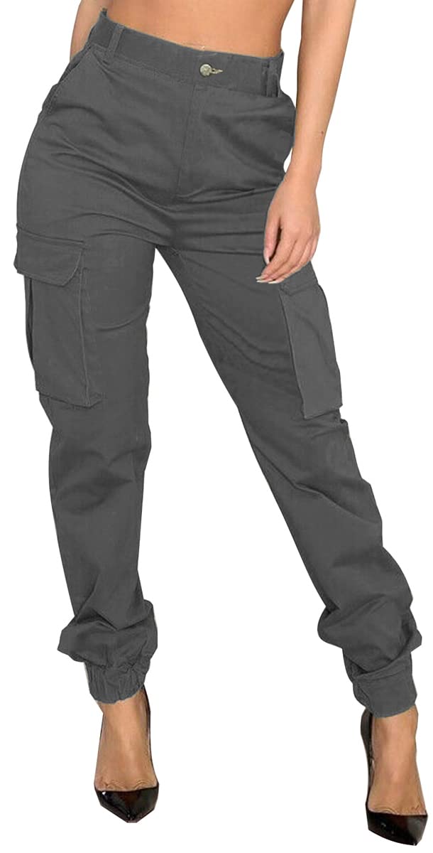 MsavigVice Women's Athletic Pants Casual Cargo Long Work Pants Camo Hiking  Pants Trousers with Pockets Grey L