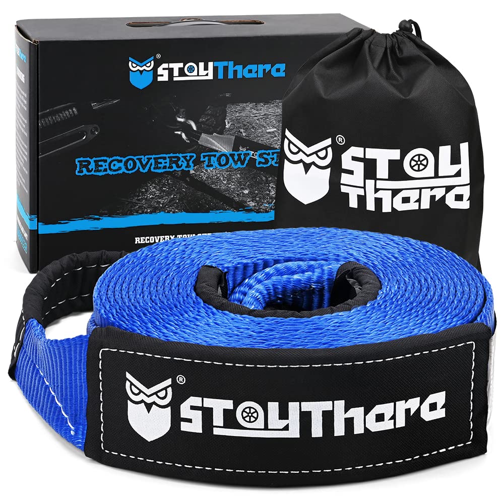 Stay There 3 x 30 ft Tow Strap, Heavy Duty with 30,000 lb capacity-Emergency Towing Rope for Recovery Vechiles-Storage Bag (Blue