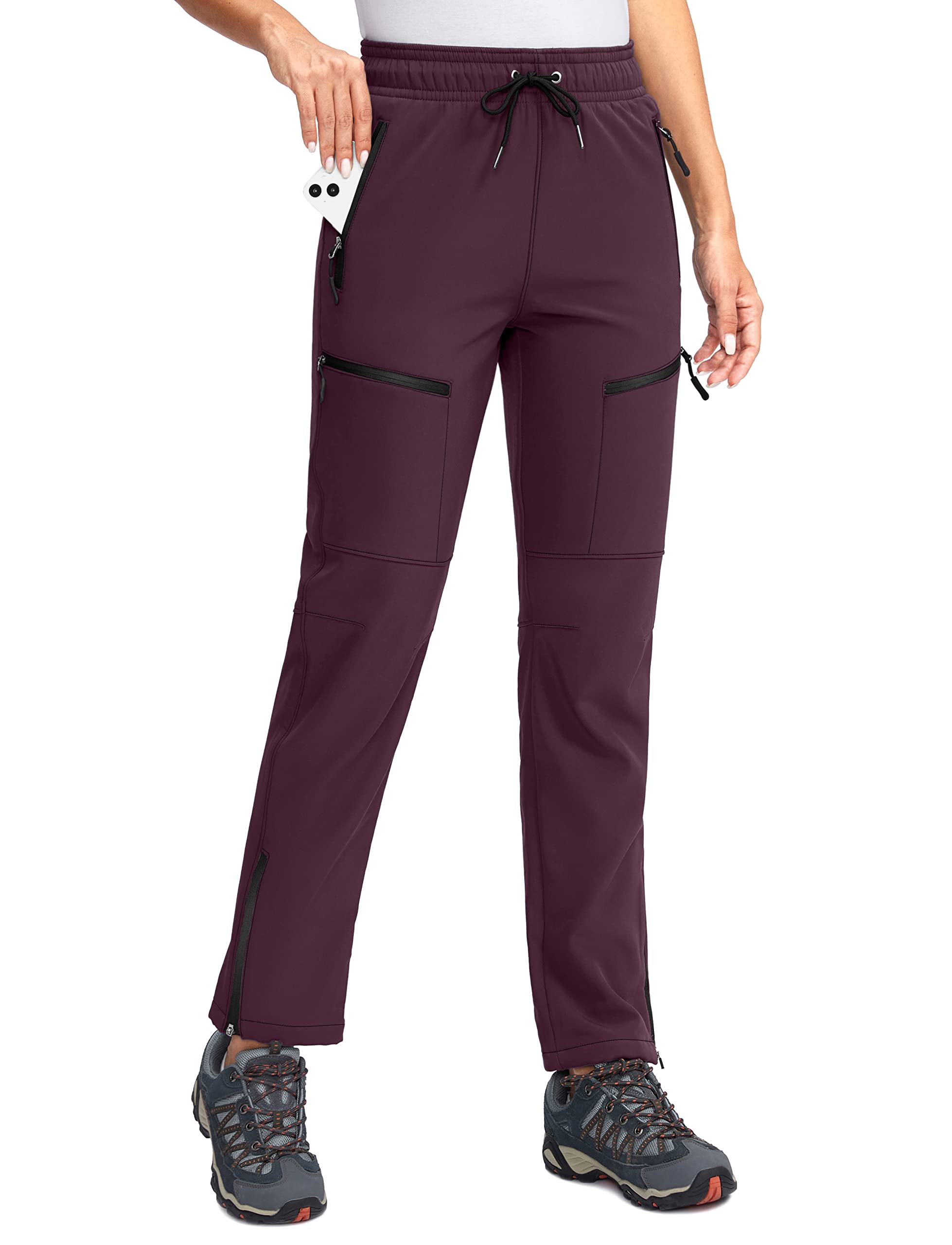 SANTINY Women's Fleece Lined Hiking Pants 4 Zipper Pockets Warm Winter  Softshell Snow Ski Pants Waterproof Insulated (Wine_M)