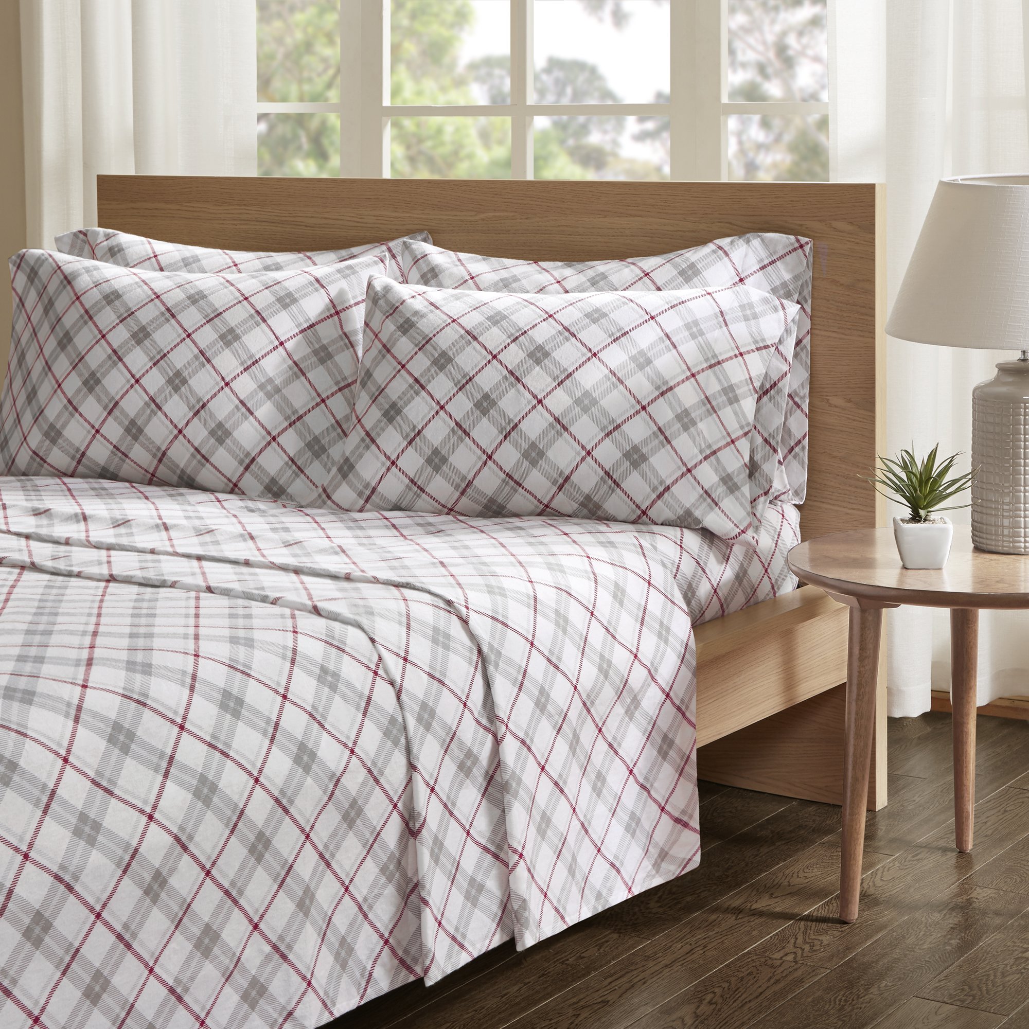 comfort Spaces cotton Flannel Breathable Warm Deep Pocket Sheets with Pillow case Bedding, Full, greyRed Plaid 4 Piece