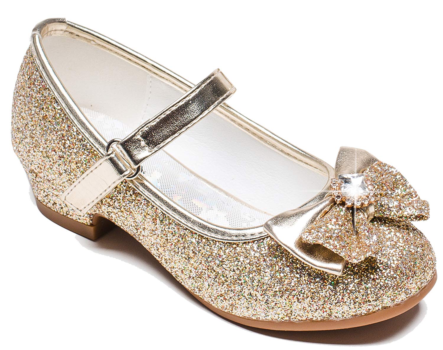 Furdeour girls Mary Jane Shoes Size 10 Wedding Princess gold Dress Shoes Bridesmaid Kids Party Flower Low High Heel glitter Shoe