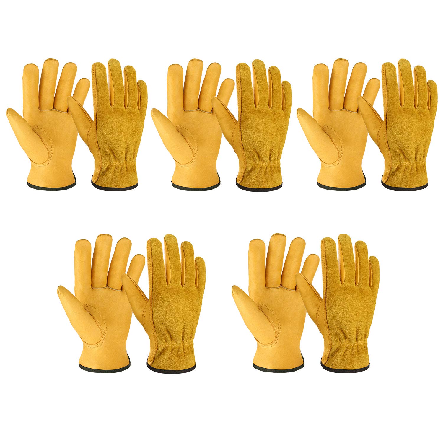 OZERO 5Pair Leather Work gloves cowhide garden glove for Wood cuttingYard gold,Large