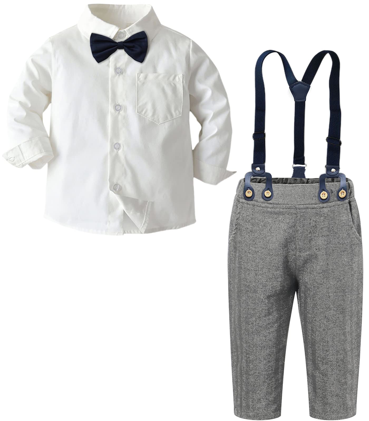 SANGTREE Boys Formal Clothes, Long Sleeves Button Down Dress Shirt with Bow Tie + Suspender Pants Set Gentleman Suits Outfit Kid