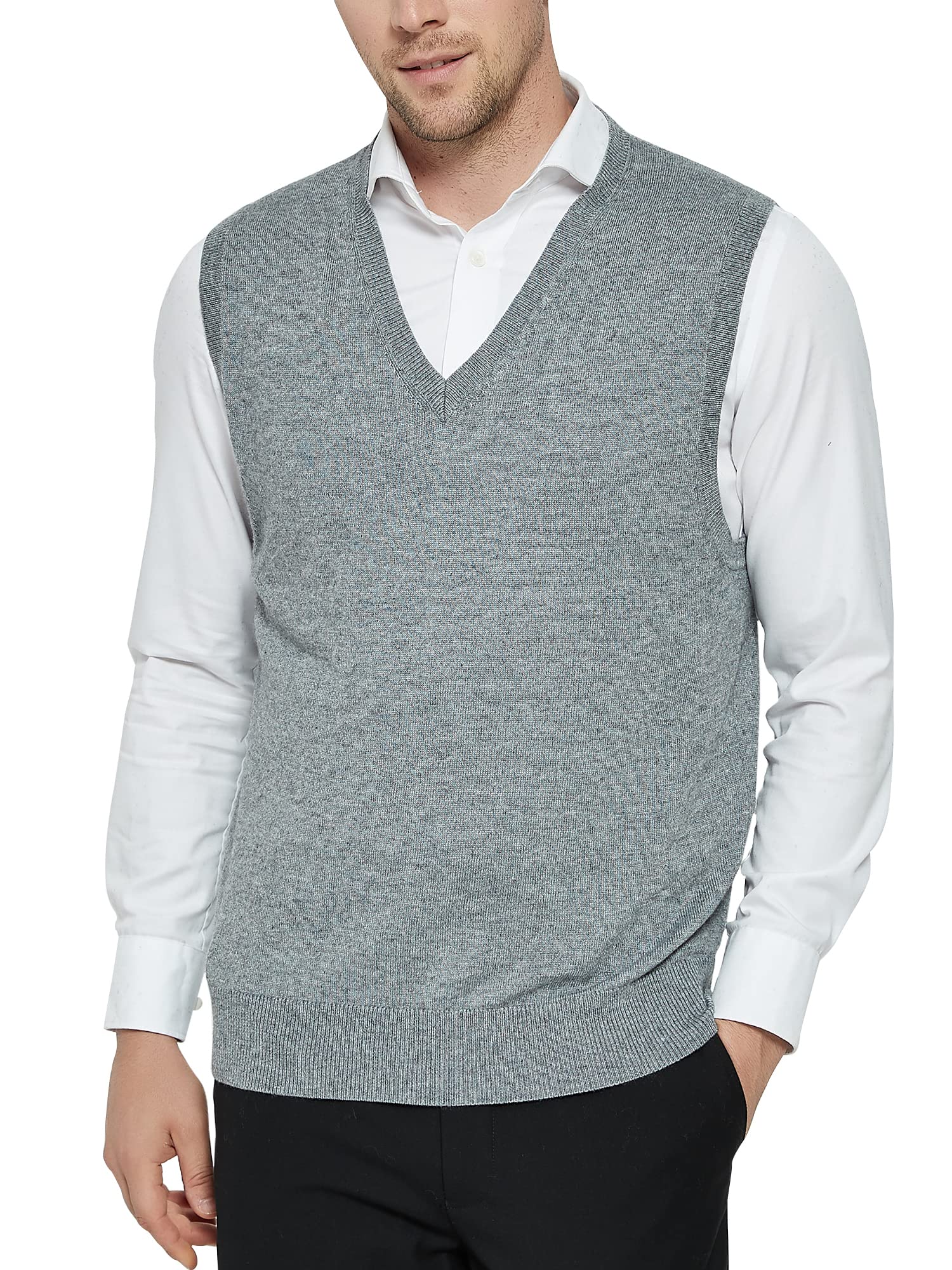 Kallspin Mens cashmere Wool Blended Vest Sweater Relaxed Fit V Neck Sleeveless Knitted Vest Pullover (Light grey, 3X-Large)