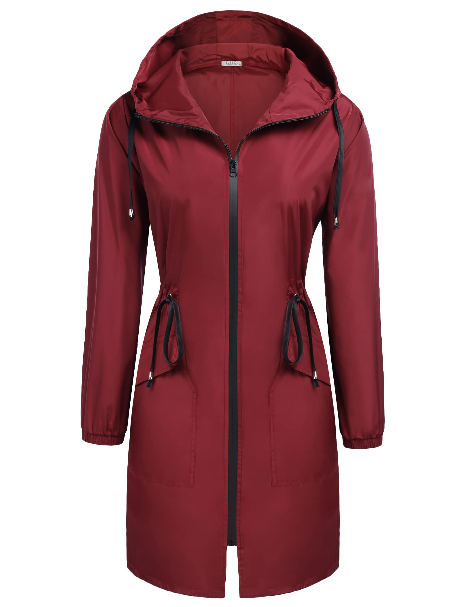 ELESOL Women Rain Jacket Zip Waterproof Packable Windbreaker Long Raincoat Trench coat