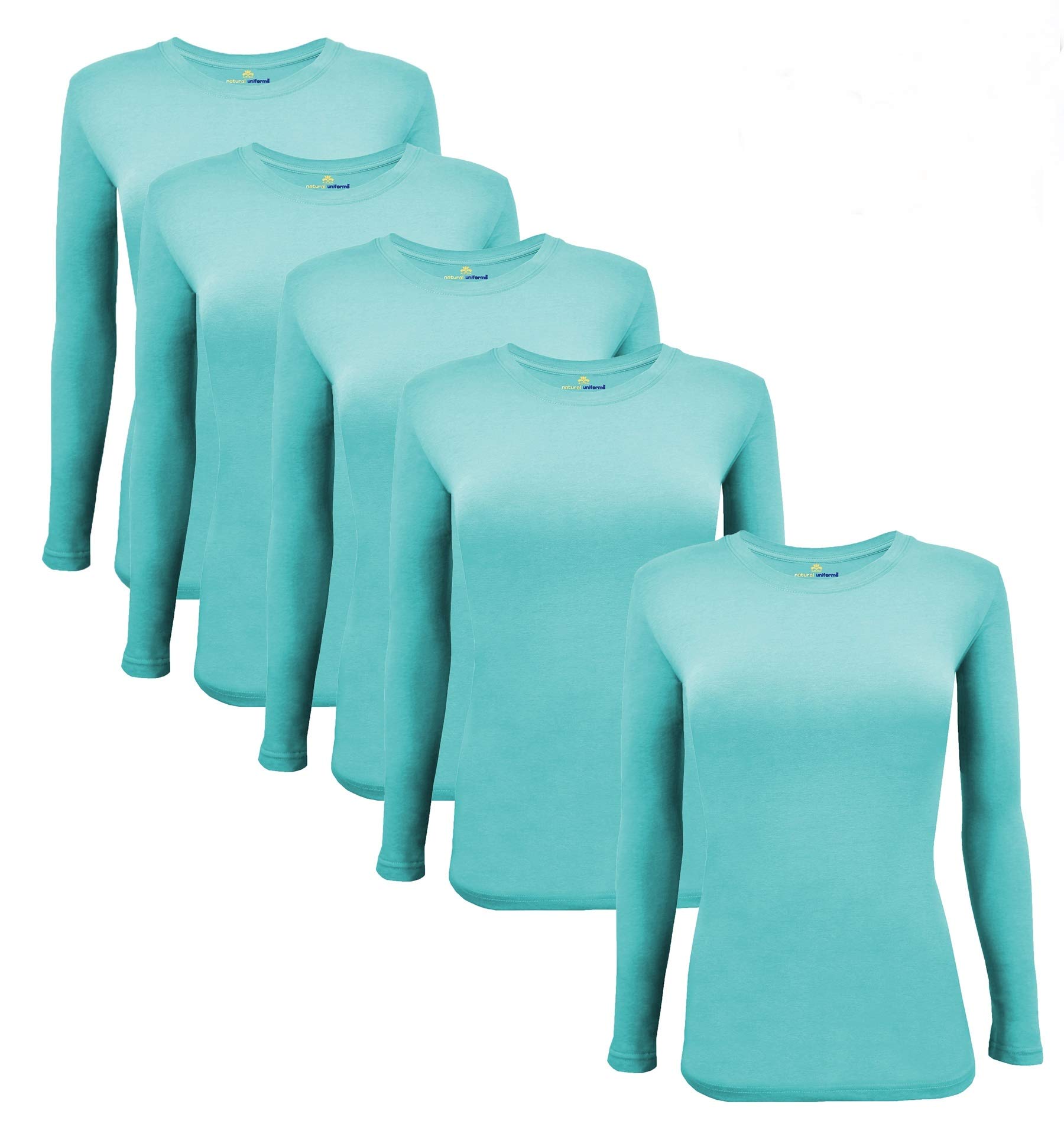 Natural Uniforms Womens Under Scrub Tee crew Neck Long Sleeve T-Shirt-5-Pack (Small, 5 Pack- Aqua Blue)