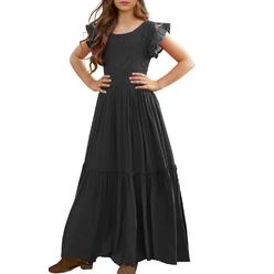 MITILLY girls Lace Flower Ruffle Sleeve A-Line Swing Wedding Party Long Maxi Dress with Pockets 10 Years Black
