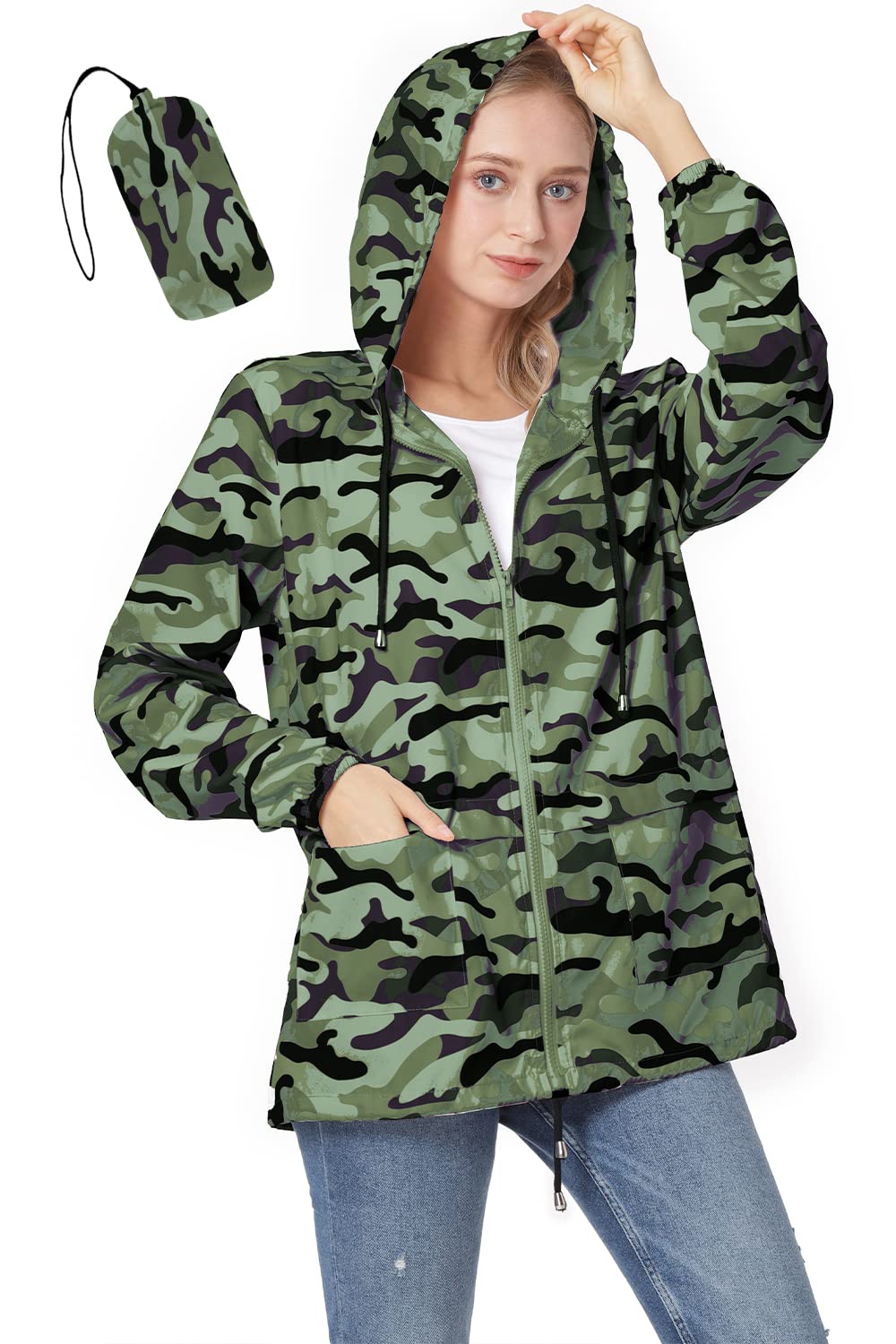 JTANIB Womens Raincoat Waterproof Windbreaker Lightweight Hooded Outdoor Packable Fashionable camouflage Jacket